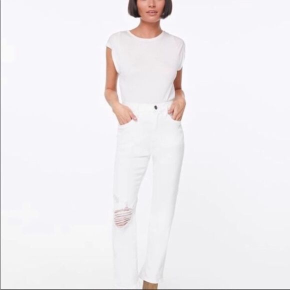 Frame ‘Le Pixie Beau’ High-Rise Lightly Distressed Jeans - White - Picture 1 of 8